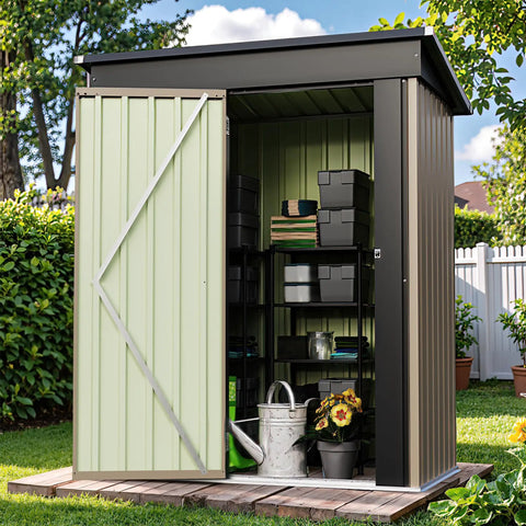 5x3 Ft Outdoor Storage Shed with Sloped Roof and Lockable Door, Heavy Duty Metal Construction, in Backyard Garden with Tools Inside