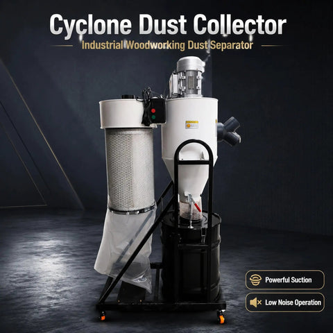 Pro Grade Cyclone Dust Collector With Dual Inlet Designed For Woodworking Shops Offers Kickass Suction And Low Buzz Motor Build To Keep Your Garage Spotlessly Clean Daily, showcasing its dual inlet and filtration system.