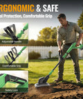 20V Cordless Garden Tiller Cultivator With 4 By 12 Steel Tines, 8 Inch Till Depth in use, adjustable handle, and safety lock shown