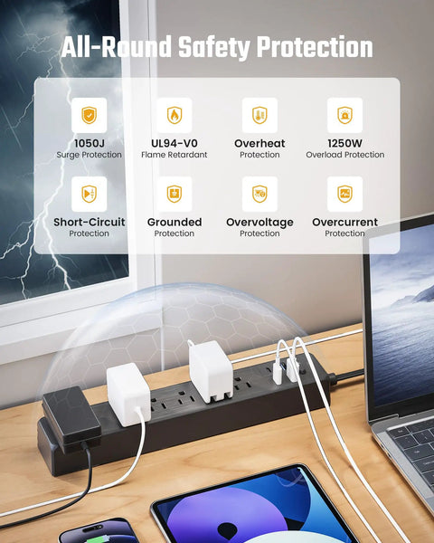 All In One Power Strip With 6 AC Outlets 2 USB C 2 USB A Four And A Half Foot Cord 900 Joules Surge Protection