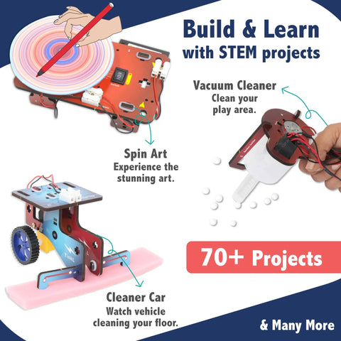 Over 200 STEM Projects Kit For Kids Aged 12 To 14 Build Mini Robots Electronics Circuits Magnetism Experiments And Engineering Challenges Awesome Hands On Robotics Gift For Curious Teens And Tween Makers showing spin art and cleaner car projects