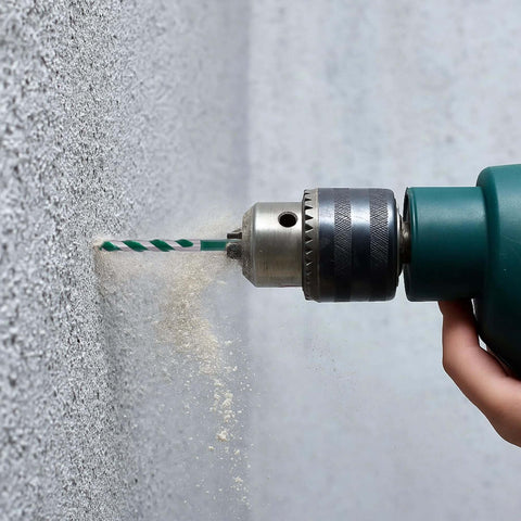 Masonry drill bit in a green cordless drill drilling into concrete wall with dust