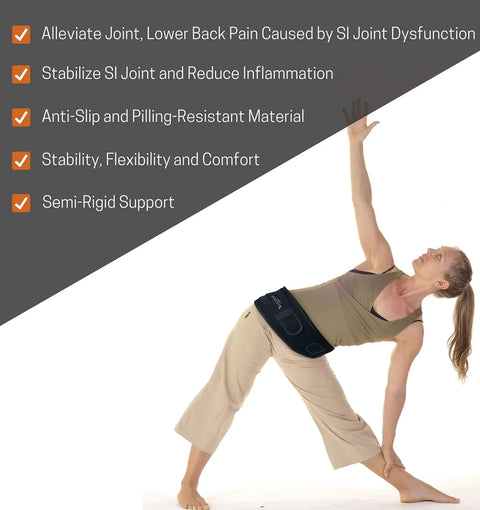 Woman stretching wearing Sacroiliac SI Joint Hip Belt For Sciatic Pain Relief In Lower Back Pelvis And Leg Pain, Adjustable Trochanter Brace For Women And Men, Regular Black Comfort Fit