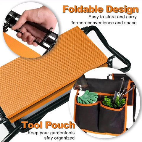 Gardening Bench Kneeler And Seat Folding Garden Chair All In One Multifunctional Kneeling Stool With Tool Bags On Both Sides Orange