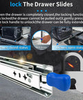 Heavy Duty Full Extension Drawer Slides Rock Solid Steel Rolls Smooth As Silk Silent Ball Bearing Side Mount Hardware showcasing drawer lock mechanisms and states.