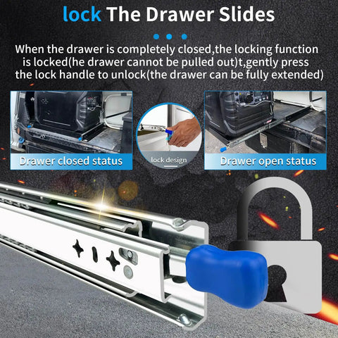 Heavy Duty Full Extension Drawer Slides Rock Solid Steel Rolls Smooth As Silk Silent Ball Bearing Side Mount Hardware showcasing drawer lock mechanisms and states.