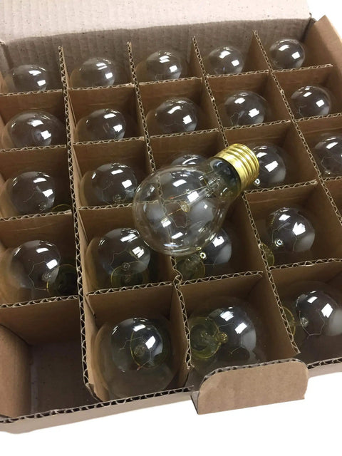 Outdoor Clear A15 Light Bulbs 15W 130V 25 pack for commercial string lights, medium base E26 E27, in cardboard box