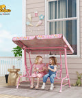 Kids 2 Seater Patio Porch Swing With Adjustable Canopy And Safety Belt Pink Butterfly Pattern Hanging Swing Bench on porch