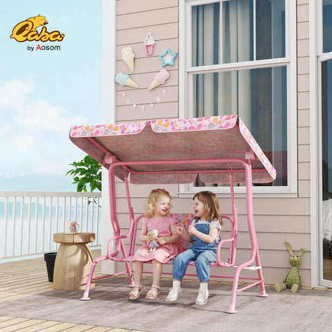 Kids 2 Seater Patio Porch Swing With Adjustable Canopy And Safety Belt Pink Butterfly Pattern Hanging Swing Bench on porch
