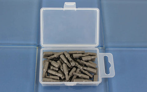 Open storage case showing 50 Pc T20 Torx 6 Point Screwdriver Insert Bits Set With One Inch Long Bits One Quarter Inch Hex Shank Quick Release Slot