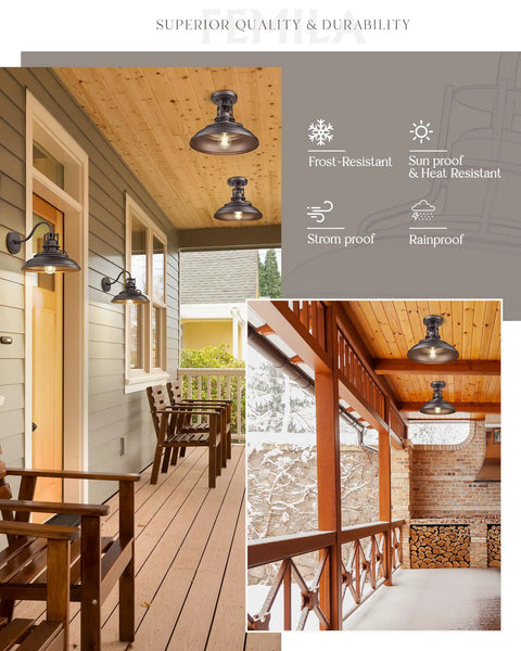 One Light Semi Flush Mount Outdoor Ceiling Light In Oil Rubbed Bronze Finish Vintage Industrial Farmhouse Style Fixture installed on porch ceiling