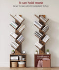 Six Tier Tree Bookshelf With Storage Cabinet For Small Spaces Narrow Floor Standing Book Rack in rustic brown with decor.