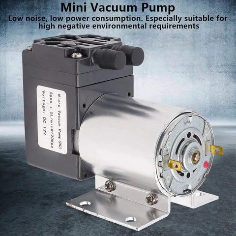 12V DC Mini Vacuum Pump Featuring Dead Quiet Diaphragm Design And Integrated Suction Holder for quiet operation in small projects.