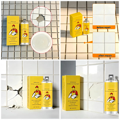 Pro Grade Tile Repair Kit For Porcelain Granite And Marble With Quick Dry Glue For Cracks Chips And Holes Complete DIY Kit before and after repair results on tiled surfaces.