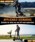 Image of person riding a scooter off-road and another on pavement, showcasing versatility.