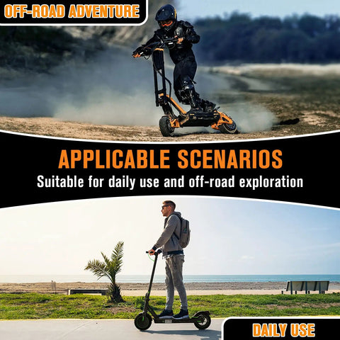 Image of person riding a scooter off-road and another on pavement, showcasing versatility.