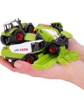 Five Piece Green Die Cast Farm Machinery Toys Set With Mini Tractors And Harvesters, Durable Metal Play Tractors held in hands