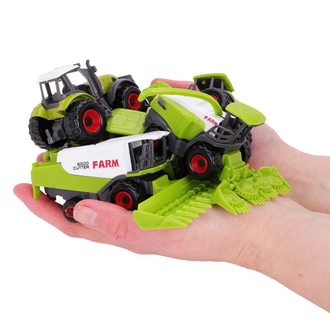 Five Piece Green Die Cast Farm Machinery Toys Set With Mini Tractors And Harvesters, Durable Metal Play Tractors held in hands