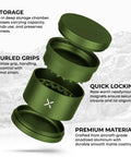 Exploded view of Toothless Herb And Spice Grinder With Extra Storage For Everyday Kitchen Bosses Aircraft Grade Aluminum Manual Grinder Two And A Half Inch Matte Green Finish Smooth Jam Free Grind with labeled parts.