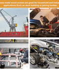 Collage of industrial and automotive applications showing the versatility of metal wood screws in various settings.