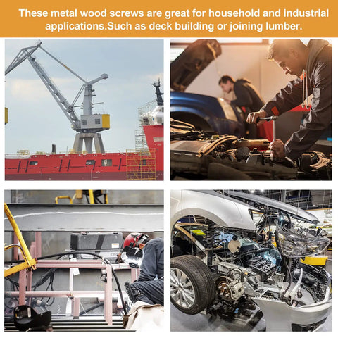 Collage of industrial and automotive applications showing the versatility of metal wood screws in various settings.