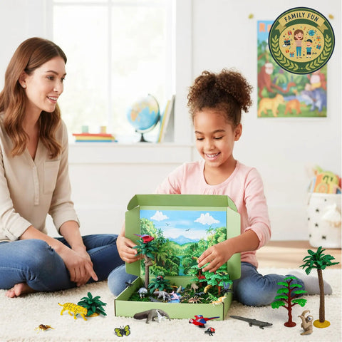 Child assembling Rainforest Diorama Kit With 33 Pieces PVC Animals And Insects, Miniature Trees, Moss, Sand And Stones, Display Box