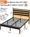 14 Inch Full Size Metal Platform Bed Frame Featuring A Tall Headboard, Rock Solid Steel Slat Support, Built In Led Lighting And Dual Usb Ports, Spacious Under Bed Storage, Zero Box Spring Drama, Smooth Noise Free Sleep, And Easy Peasy Setup, showing dimensions and USB ports.