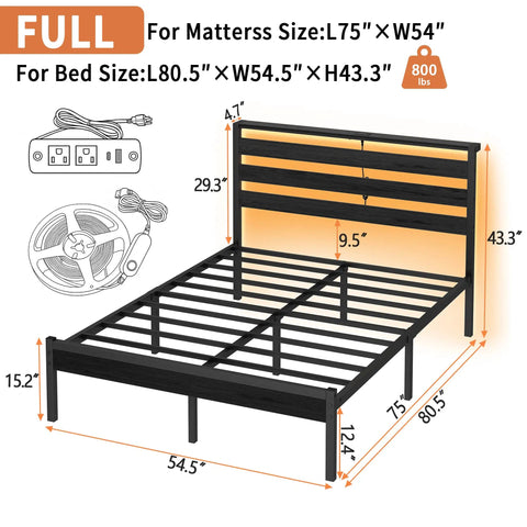 14 Inch Full Size Metal Platform Bed Frame Featuring A Tall Headboard, Rock Solid Steel Slat Support, Built In Led Lighting And Dual Usb Ports, Spacious Under Bed Storage, Zero Box Spring Drama, Smooth Noise Free Sleep, And Easy Peasy Setup, showing dimensions and USB ports.