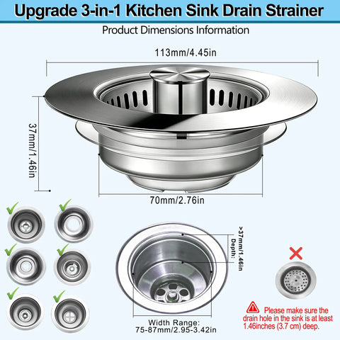 Slick Three In One Pop Up Kitchen Sink Drain Strainer And Stopper Filter Catching Hair Food Scraps Holds Water for easy daily washing.