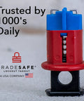 Pro Grade 3 Pack Pin In Circuit Breaker Lockout Device For Half Inch Breaker Holes Industrial Grade Lockout Loto For Electrical Panels OSHA Compliant Safety Lockout Solution, close-up of red and blue device with TradeSafe branding