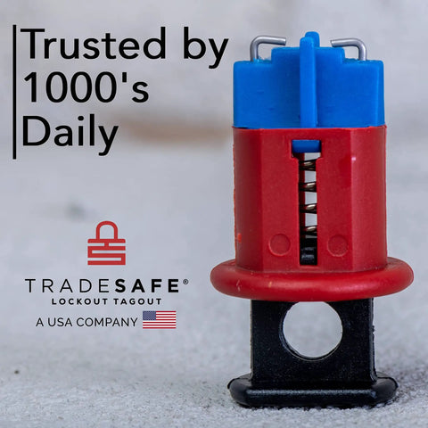 Pro Grade 3 Pack Pin In Circuit Breaker Lockout Device For Half Inch Breaker Holes Industrial Grade Lockout Loto For Electrical Panels OSHA Compliant Safety Lockout Solution, close-up of red and blue device with TradeSafe branding