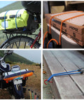 Beefy 24-Piece Bungee Cord Set in use; securing bags on bike, boxes indoors, item on motorcycle, and tied to outdoor deck.