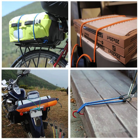 Beefy 24-Piece Bungee Cord Set in use; securing bags on bike, boxes indoors, item on motorcycle, and tied to outdoor deck.