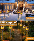 Outdoor Solar Torch Lights With Realistic Flickering Flames Adjustable Height 30.7 To 43 Inches Weatherproof Yard Path Torches Cordless Easy Setup Warm Ambient Glow For Nighttime Entertaining installed along a snowy path and garden walkway.