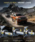 Trucks on rugged terrain with diagrams showing wheel hub bearing functions for axial and radial forces during driving