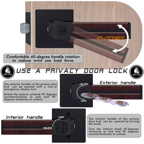 Six Pack Leather Wrapped Interior Door Handles With Keyless Privacy Lock Matte Black Lever Set, Soft Brown Leather Grip