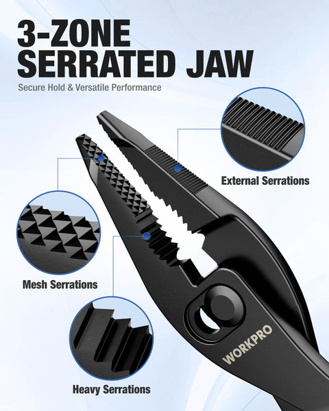 4.5 Inch Long Nose Slip Joint Pliers for Tight Spaces, Wicked Handy Narrow Jaw Pliers for Clamping, Bending, Winding, and Quick Size Adjustments in Small Work Areas; 3-zone serrated jaw close-up