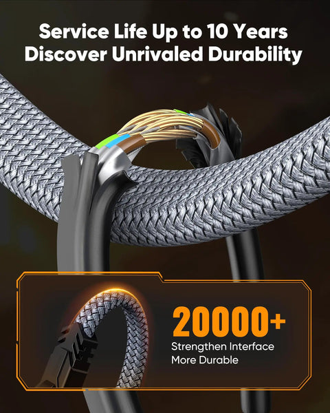 Close-up of Cat 8 Ethernet Cable 15 Ft Heavy Duty Braided Network Cord with exposed inner wires, durable design for gaming and streaming.