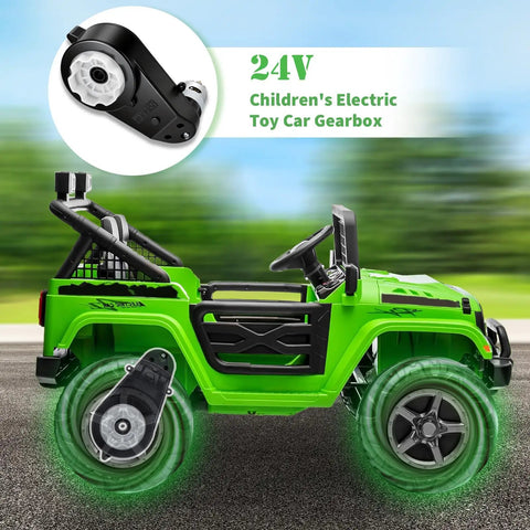 Green ride-on toy car with 24V Ride On Toy Wheel Motor Upgrade Gearbox Kit For RS555 40000RPM, showing motor detail inset.