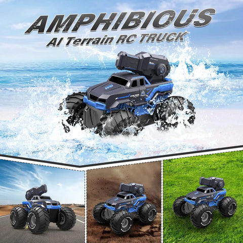 Three In One RC Monster Truck Boat With Water Gun Four Wheel Drive Remote Control Car for land and water use splashing through waves.