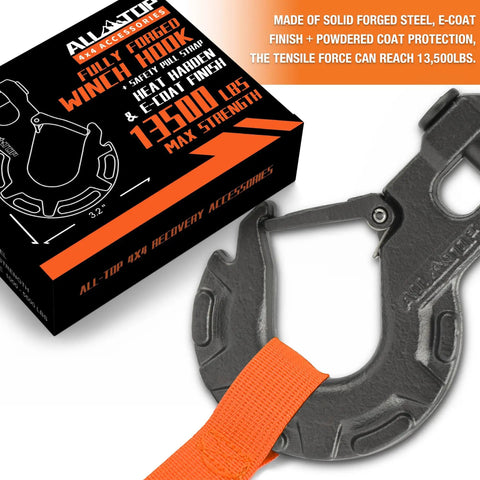 Beefy Forged Steel Winch Hook For Five Sixteenth Inch Cable, Six Ton Capacity, 13500 Pound Break Strength with E Coated Finish
