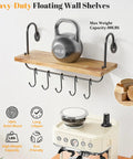 Legit Pine Wood Floating Wall Shelves With Ten Adjustable Mug Hooks For Your Best Coffee Bar Setup Yet Rustic Industrial Brackets and Heavy Duty Storage Rack. Heavy-duty pine shelf with black hooks, measuring 5.9 by 17 inches, for kitchen organization.