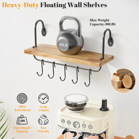 Legit Pine Wood Floating Wall Shelves With Ten Adjustable Mug Hooks For Your Best Coffee Bar Setup Yet Rustic Industrial Brackets and Heavy Duty Storage Rack. Heavy-duty pine shelf with black hooks, measuring 5.9 by 17 inches, for kitchen organization.