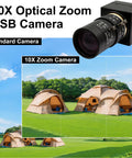10X Optical Zoom USB Camera with 8MP, varifocal lens zoomed in view of tents in a landscape, showing detail and clarity.
