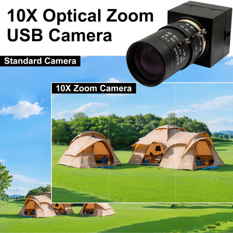 10X Optical Zoom USB Camera with 8MP, varifocal lens zoomed in view of tents in a landscape, showing detail and clarity.