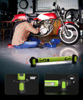 Cordless Underhood Work Light With Magnetic Base, 3000 Lumen LED, shown with motorcycle repair, adjustable angles.