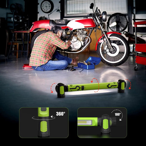 Cordless Underhood Work Light With Magnetic Base, 3000 Lumen LED, shown with motorcycle repair, adjustable angles.