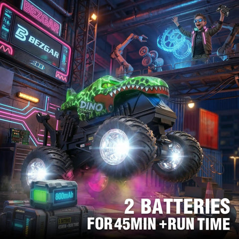 Rad Remote Control Monster Truck For Kids 4 5 6 7 8 9 Years Old With 360 Degree Stunts Dino Design Music Wireless LED Strobe Lights