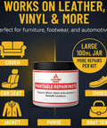 Leather Repair Filler For Holes, Tears, Cracks And Scratches On Car Seats, Furniture, And Shoes Flexible Paintable Crack Repair With Applicator, 100 Milliliters Dries Smoothly Long Lasting Finish Easy To Use jar with applications on couch, car seat, shoes, jacket, purse, boat seat.