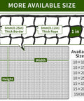 Backyard Practice Net With Durable Nylon Rope, 10x10 Ft Heavy Duty Ball Netting For Baseball, Soccer, Hockey And More Sports, Safe Hitting Net For Multi Sport Training At Home. Size diagram showing 1-inch mesh with thick border and rope